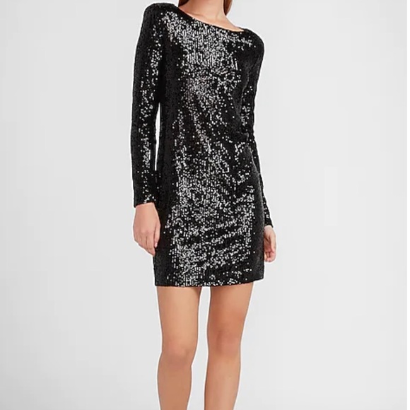 Express Sequin Long Sleeve Shift Dress Women's Size Small in Black - Picture 1 of 8